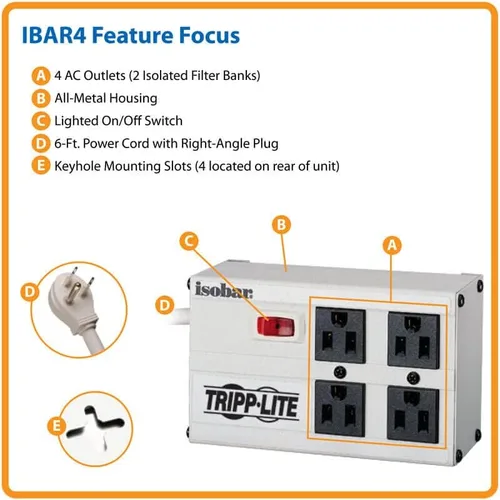 Vista 3 de Tripp Lite Isobar - Regleta protectora de sobretensiones de 4 salidas, cable de 6 pies, enchufe de ángulo recto, 3330 julios, metal, IBAR4-6D, gris