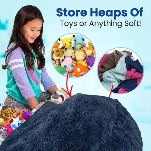 Vista 2 de Cheer Collection Puf con asa, sillas de piso de pelo largo para niños como almacenamiento de animales de peluche y organizador de juguetes, lavable