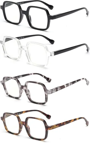 Vista 2 de JM 4 Pack Square Reading Glasses, Blue Light Blocking Computer Reader for women men, Spring Hinge