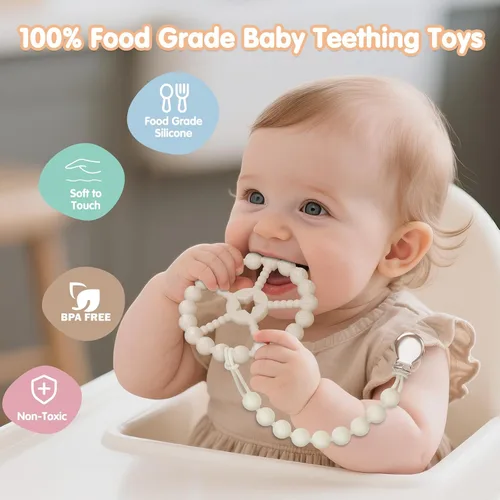 Vista 2 de Juguetes de dentición para bebés de 0 a 6 meses, paquete de 3 juguetes mordedores con anillo, esenciales para bebés recién nacidos, juguetes