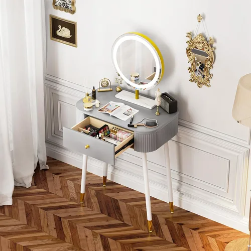 Vista 4 de WinZo Mesa de tocador de 24" con espejo y luces, pequeña mesa de tocador de maquillaje con 1 cajón de almacenamiento, elegante mesa de tocador