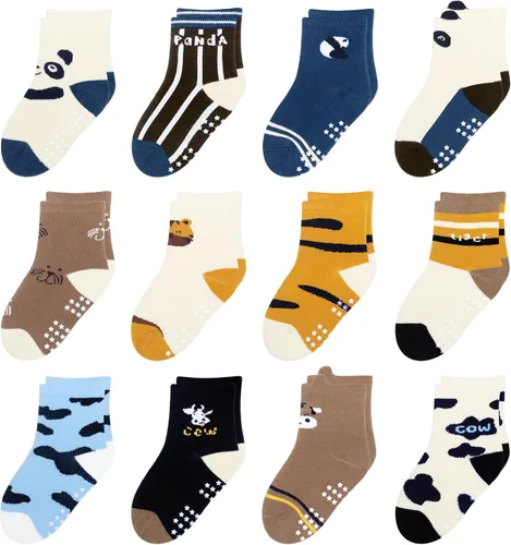 Vista 19 de 12 paquetes de calcetines antideslizantes para niños y bebés con agarre para niños de 1-7 años, calcetines de algodón de tripa para niños y niñas
