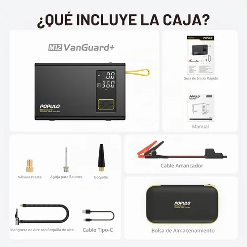 Vista 9 de POPULO Arrancador de coche con compresor de aire, caja de refuerzo portátil de 12 V 59.2 Wh con inflador digital de neumáticos de 150 PSI