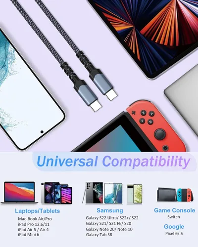 Vista 7 de Cable USB C a USB C de 60 W, [6 pies, paquete de 5] cable trenzado tipo C de carga rápida compatible con iPhone 17, 16, 15 Pro Max, MacBook iPad