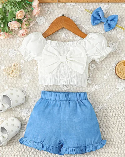Vista 2 de Mioglrie Ropa para bebé niña con volantes y pantalones cortos, conjunto de ropa para niñas pequeñas