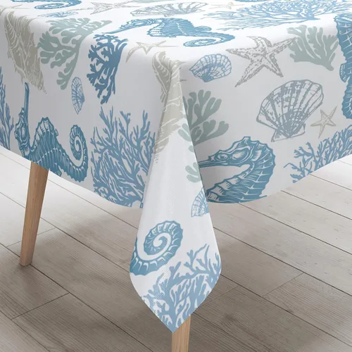 Vista 8 de Mantel rectangular náutico costero con estampado de coral, diseño de playa, decorativo impermeable para comedor al aire libre, cocina, sala
