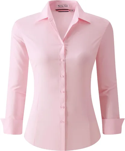 Vista 30 de Alex Vando Camisas de vestir para mujer, sin arrugas, ajuste regular, manga larga, elástica, camisa de trabajo