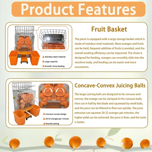 Vista 4 de Máquina exprimidora naranja comercial de 110 V, extractor automático de acero inoxidable naranja con engranajes de acero, 2 cáscaras que recogen