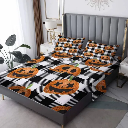 Vista 10 de Juego de sábanas de Halloween para niños y niñas, juego de sábanas espeluznantes de tela de araña, calabaza fantasma, microfibra suave, bolsillo