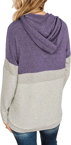 Vista 4 de Butgood Sudaderas con capucha de bloque de color para mujer sudadera de manga larga casual con cordón a rayas túnica