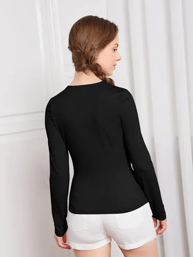 Vista 2 de Floerns Camiseta básica de manga larga con cuello en V y busto fruncido para niñas