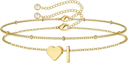 Vista 33 de M MOOHAM Pulseras de oro con inicial de corazón para mujer, pulseras con dije de letra A-Z de corazón dorado en capas para mujer, pulseras