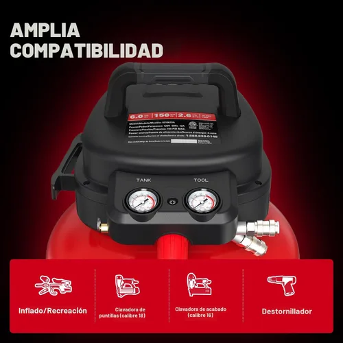 Vista 4 de ECOMAX Compresor de aire 6 galones 150 PSI portátil redondo libre de aceite con kit de accesorios de 10 piezas