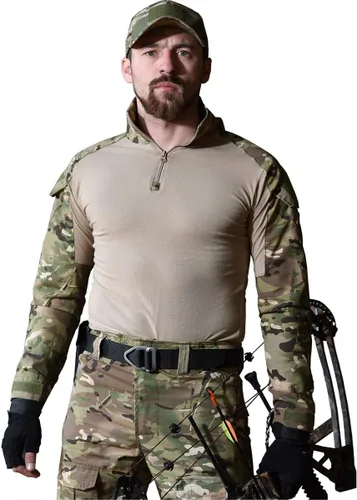 Vista 2 de Camisa táctica militar para hombre, camuflaje militar, militar, manga larga, con coderas, cremallera de 14
