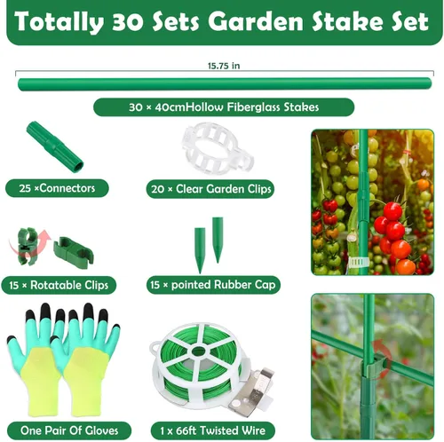 Vista 2 de Cludoo Juego de 94 estacas de jardín con 30 juegos de estacas de fibra de vidrio, soportes y accesorios, estacas de tomate de 4 pies, 5 pies, 6