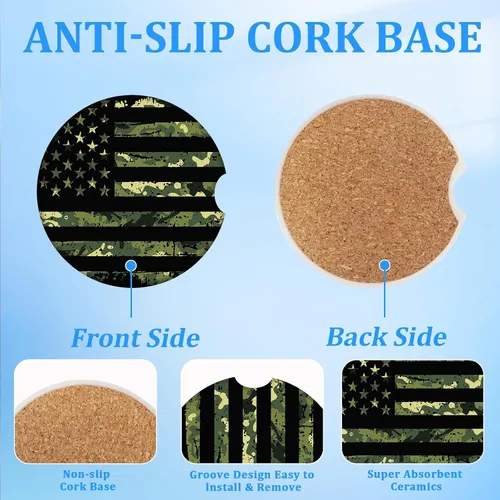 Vista 3 de Portavasos para automóvil, diseño de bandera estadounidense, paquete de 2 para portavasos absorbentes, inserto antideslizante universal de cerámica
