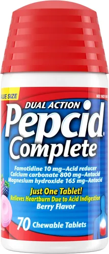 Vista 9 de Pepcid Reductor de ácido de doble acción completo + tabletas masticables antiácidas, sabor a bayas, 8 unidades.
