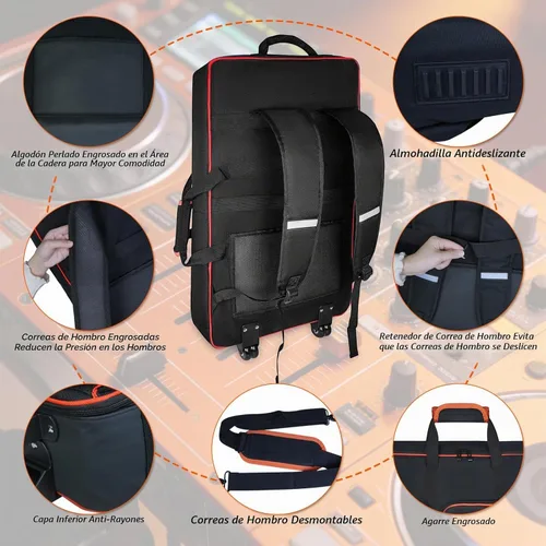 Vista 6 de Funda para controlador de DJ con ruedas para DDJ FLX10 Mochila acolchada con múltiples bolsillos, compartimento para portátiles, impermeable