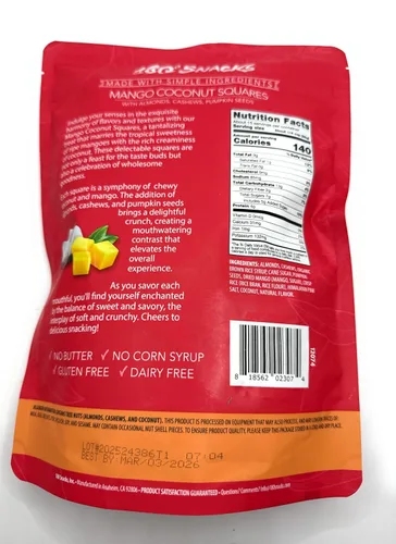 Vista 2 de 180 Snacks, Mango Coco Cuadrado, con Almendras, Anacardos, Semillas de Calabaza
