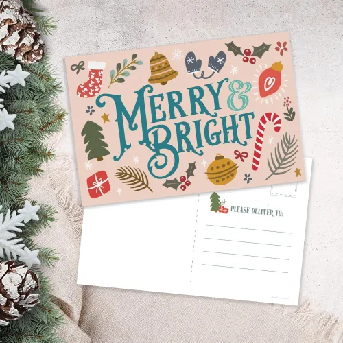 Vista 2 de m&h invites Merry & Bright Postales navideñas saludos navideños – Bonitas postales ilustradas para el invierno – 50