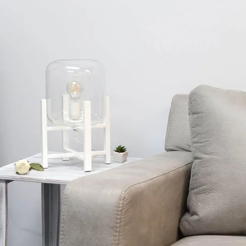 Vista 5 de Simple Designs LT1068-WHT Lámpara de mesa cilíndrica de vidrio montada en madera, blanco/transparente, 9 x 9 x 13.38 pulgadas