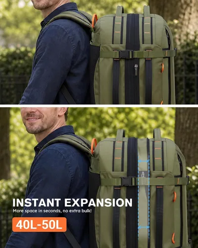 Vista 5 de Tolaccea Mochila de viaje para laptop para hombres y mujeres, mochila de transporte expandible de 40L-50L con compartimento húmedo y seco, mochila