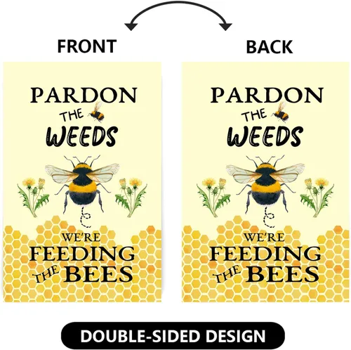 Vista 3 de Banderas de Jardín de Abeja de Verano para Exterior Disculpen las Malezas, Estamos Alimentando a las Abejas, Letrero de Patio, Sin Corte de Césped
