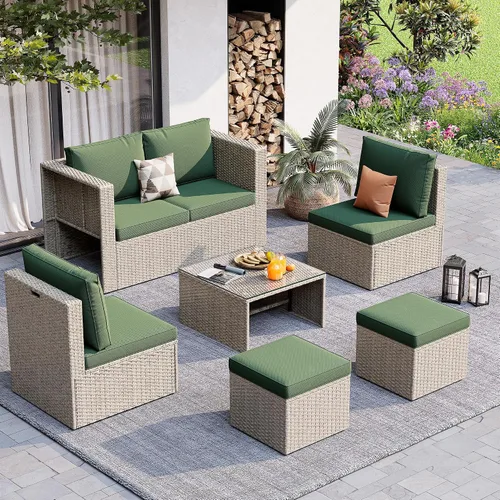 Vista 21 de Amopatio Juego de muebles de patio de 7 piezas, seccionales para exteriores, beige Negro/Beige