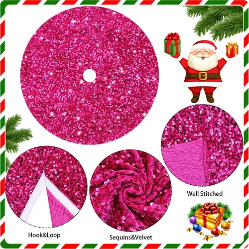 Vista 3 de FANPROMS Falda de árbol de Navidad rosa intenso con lentejuelas de 21 pulgadas, faldas de terciopelo de doble cara para árbol de Navidad de mesa