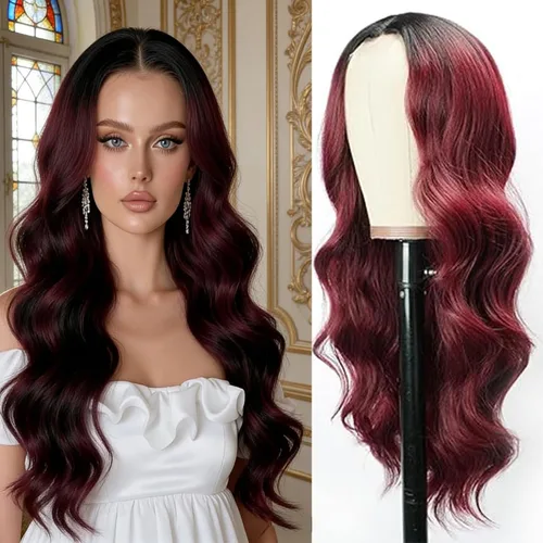 Vista 13 de Halcyon - Peluca sintética ondulada de 26 pulgadas, parte central natural, reflejos marrones 3-row hand-tied parting for realistic scalp