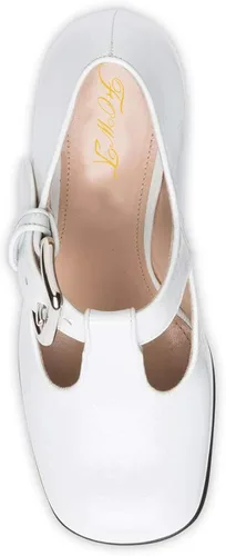 Vista 4 de FOWT Zapatos de tacón alto grueso con punta cuadrada cerrada para mujer, con correa en T, zapatos de tacón alto grueso para oficina, talla 4-16 M