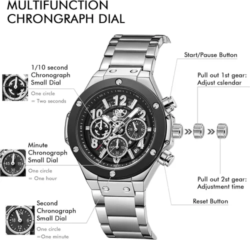 Vista 3 de SENSETONE Mens Watches Quartz Movement Chronograph Stainless Steel Black Strap Fashion Business Sport 30M Waterproof Big Dial Wristwatch Elegant