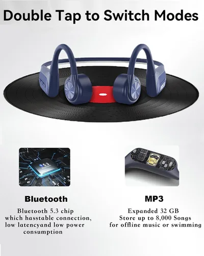 Vista 5 de Voistek Auriculares de conducción ósea inalámbricos Bluetooth, auriculares de conducción ósea ajustables con reproductor de MP3 de 32 GB e Azul
