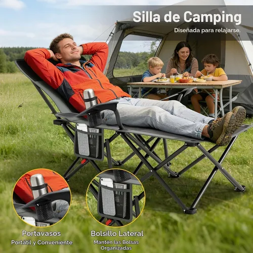 Vista 4 de Suteck Silla de camping con reposapiés, sillas de playa plegables Negro