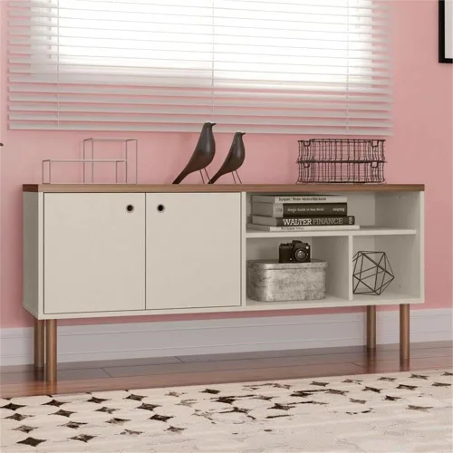Vista 2 de Manhattan Comfort Windsor - Moderno mueble para TV con estantes multimedia y patas de madera maciza, 53.54 pulgadas, color blanco hueso, naturaleza