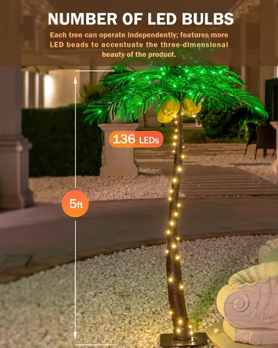 Vista 6 de TYBEEU Palmera iluminada de 1,5 metros con 136 luces LED con cocos brillantes - Atenuable, certificación UL, resistente al agua - Ideal