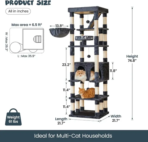 Vista 6 de MWPO Árbol grande para gatos de 74.8 pulgadas con postes rascadores cubiertos de sisal y condominio, torre alta para gatos, muebles