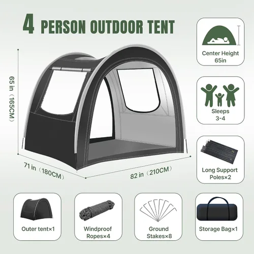 Vista 6 de Tienda de campaña para túnel y camping, 82 x 71 x 65 pulgadas, 2/3/4 personas, diseño de tres capas con malla / PVC / tela Oxford Glamping tienda