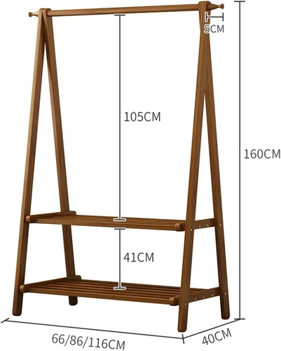 Vista 2 de Perchero de bambú portátil plegable con estantes de almacenamiento y riel de ropa colgante para entrada, dormitorio, espacios pequeños