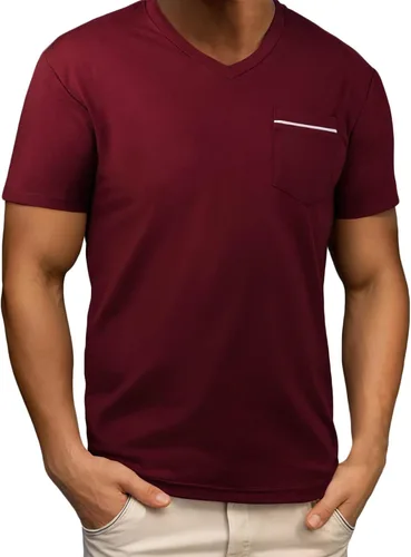 Vista 11 de Camisetas básicas de manga corta para hombre, estilo casual, color liso, cuello en V, para verano, playa, con bolsillo