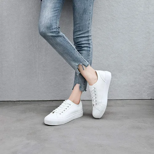 Vista 7 de Tenis de plataforma blanca para mujer, zapatos de tenis con plataforma negra, zapatos casuales con cordones, zapatos planos de lona para caminar