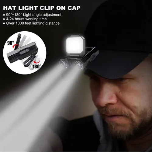 Vista 2 de Linterna frontal LED recargable, sombrero con clip de luz en la tapa, luz de clip de 400 lúmenes con sensor de gestos, 5 modos, linterna con clip