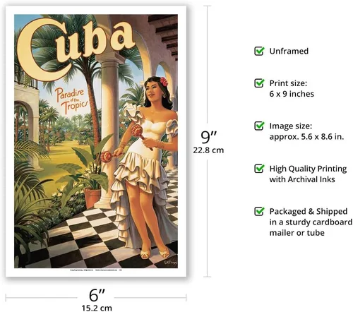 Vista 2 de Cuba - Paradise of the Tropics - Póster de viaje vintage por Kerne Erickson - Impresión artística maestra (sin marco) 6 x 9 pulgadas