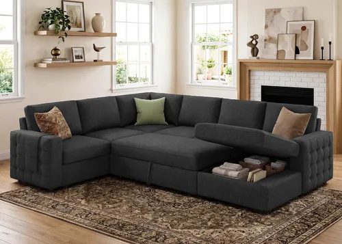 Vista 9 de HONBAY Sofá cama seccional con cama extraíble, sofá seccional en forma de U con diván de almacenamiento, sofá seccional de 6 plazas, terciopelo negro