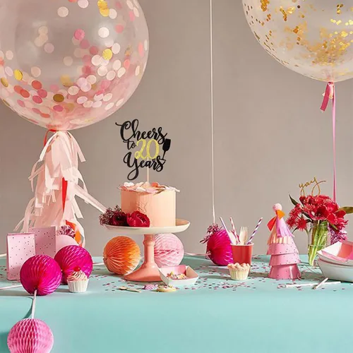 Vista 6 de 1 pieza de decoración para tartas de "Cheers to 20 años" con purpurina dorada y negra para pastel de 20 años, decoración de pastel de 20 años