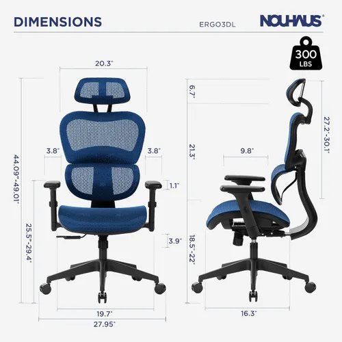 Vista 2 de Nouhaus Ergo3D Sillas de escritorio para oficina en casa ergonómicas Silla de oficina de respaldo alto de malla con ruedas y reposacabezas