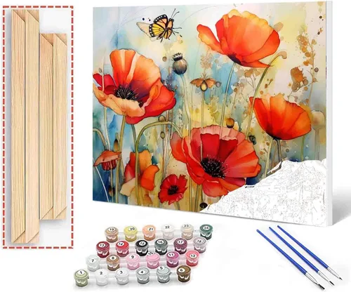 Vista 15 de Tucocoo Kits de pintura de paisaje de girasoles por números con pinceles y pigmento acrílico sobre lienzo para adultos, patrón de mariposas y flores