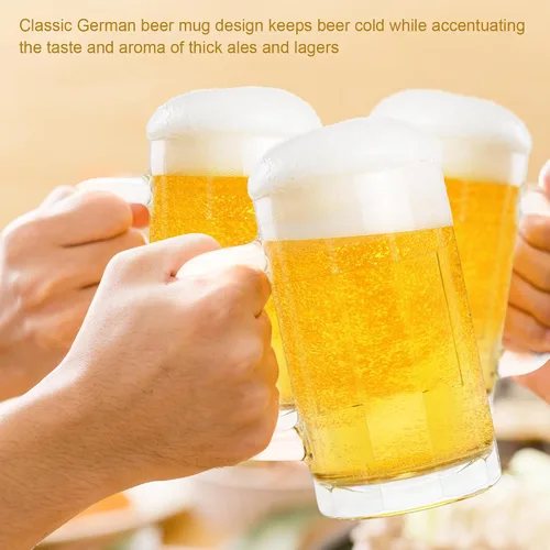 Vista 6 de Paquete de 4 tazas de vidrio resistentes, vasos de cerveza grandes de 16 onzas con asa, aptas para congelador, juego de tazas de cerveza clásicas