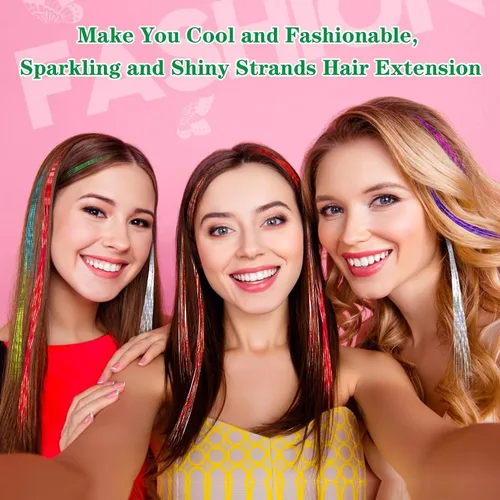 Vista 6 de FEBSNOW Tinsel Hair Extension, 47 Inch Glitter Rainbow Strands with Tool Multi 12 colores-1