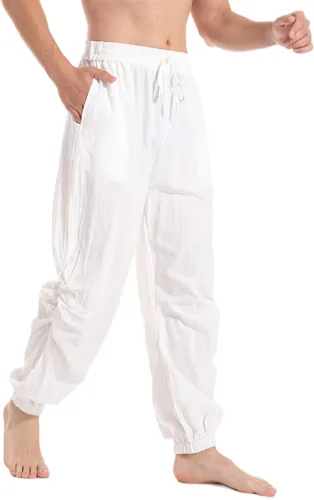 Vista 3 de perdontoo Pantalones de yoga casuales de algodón y lino con cordón de cintura elástica para hombre